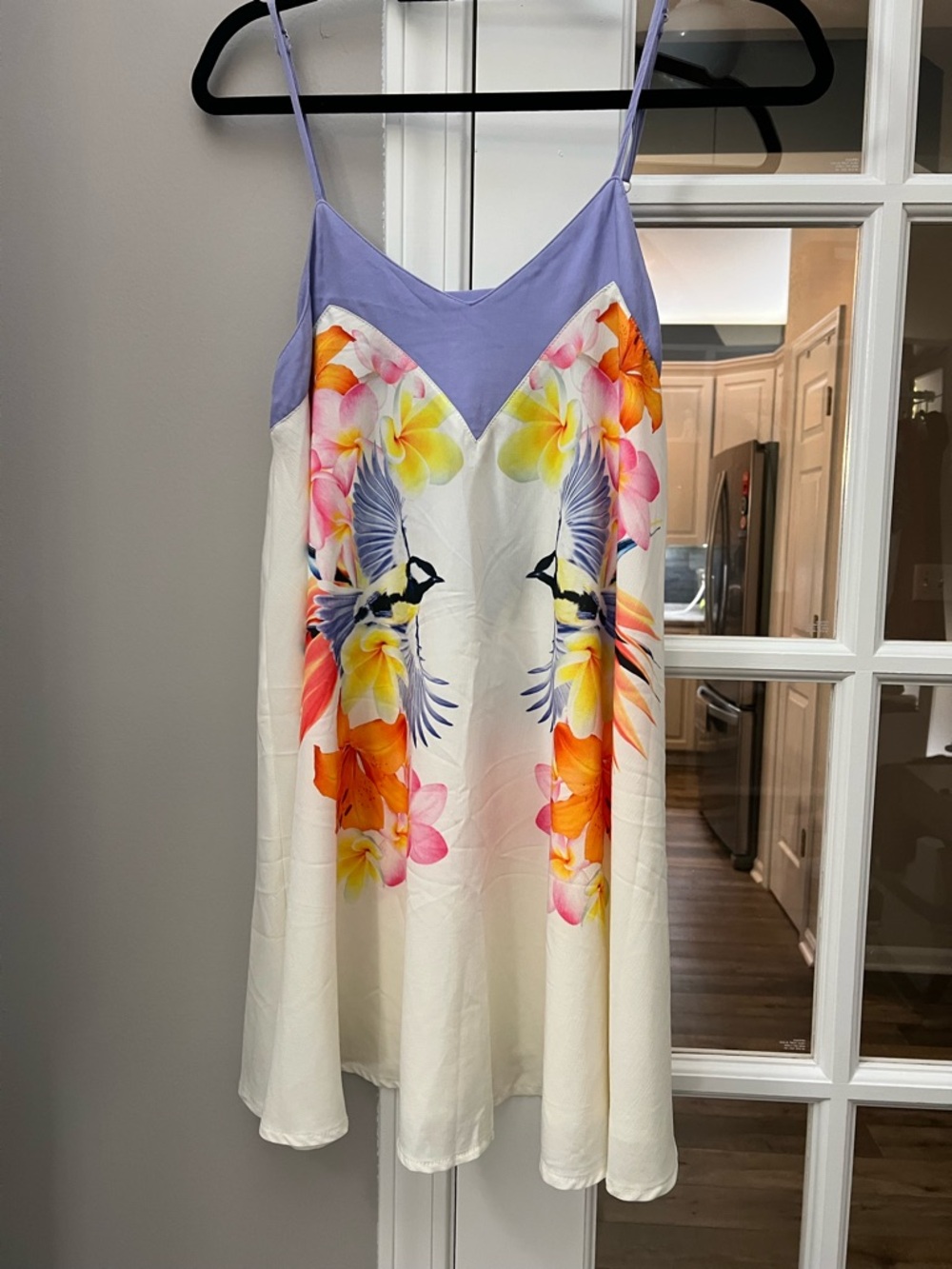 White Floral & Bird Mini Dress with Lavender Bodice size XS NWOT - Picture 6 of 11